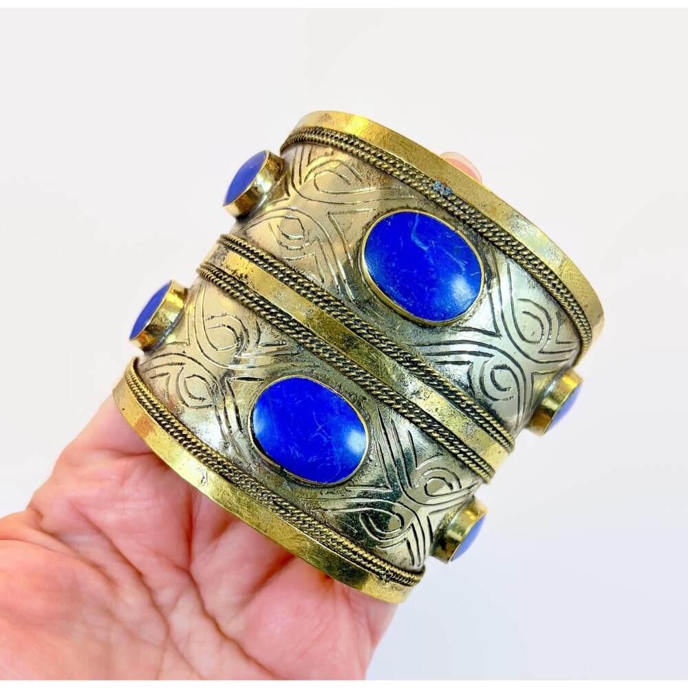 Boho Cuff, Afghan, Kuchi, Vintage Bracelet, Blue, Gold Wash, Silver, Ethnic
